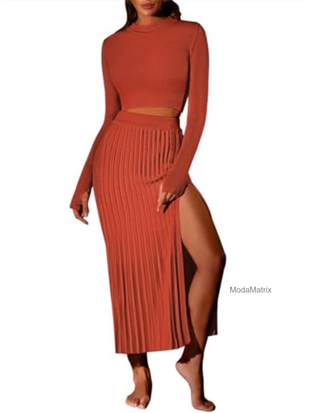 2 Piece Knit Outfit Set Long Sleeve Crop Top Bodycon Midi Skirt